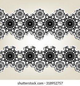 Two decorative graphic horizontal borders. Abstract black and white friezes with stylized floral elements. 