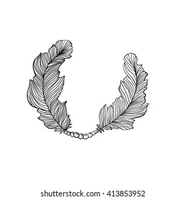 Two decorative isolated feather. Aztec native ornamental frame for logo design in doodles style.