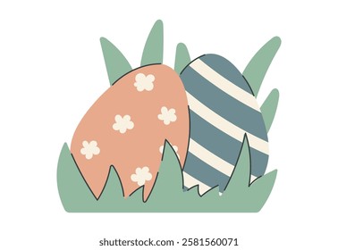 Two decorative pastel Easter eggs nestled in green leaves in grass. Vector isolated flat illustration. Soft earthy tones, hand-drawn style, perfect for spring holiday designs.