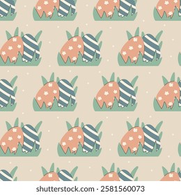 Two decorative pastel Easter eggs nestled in green leaves in grass. Vector seamless simple pattern. Soft earthy tones, hand-drawn style, perfect for spring holiday designs.