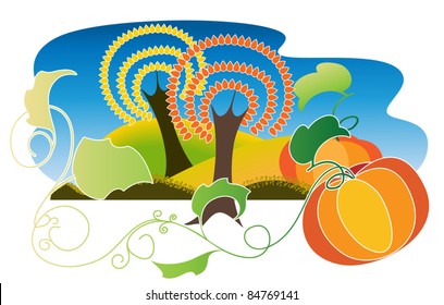 Two decorative pumpkins in the fall landscape background