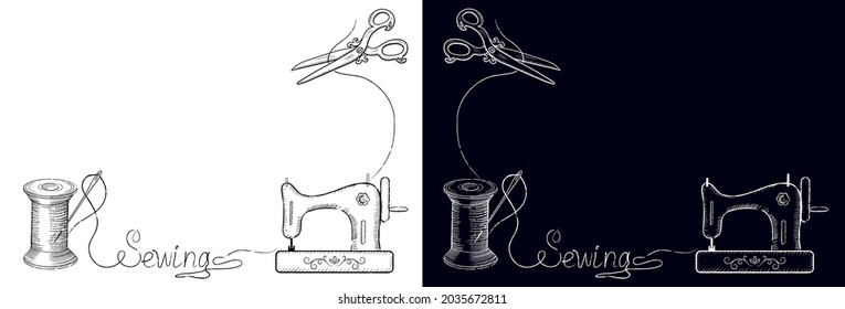 Two decorative retro cards for advertising signs of fashion sewing workshop with hand drawn sewing needle in coil, sewing machine and inscription "Sewing". Needlework concept.