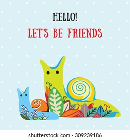 two decorative snail on a blue background with polka dots