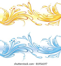 Dos salpicaduras decorativas. Zumo y agua. Ilustración vectorial.
