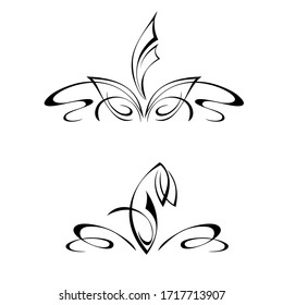 two decorative symmetrical ornaments with an abstract element in the center in black lines on a white background.