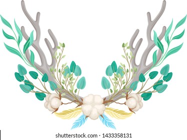 Two deer antlers decorated with cotton. Vector illustration on white background.