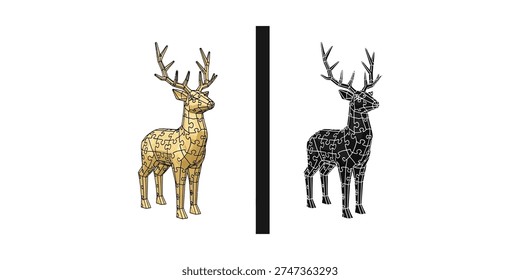 Two deer with antlers standing on either side of a black line gold and black illustration