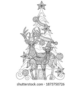 Two deer and Christmas tree.
Zentangle stylized cartoon isolated on white background. 
Hand drawn sketch illustration for adult coloring book. 
