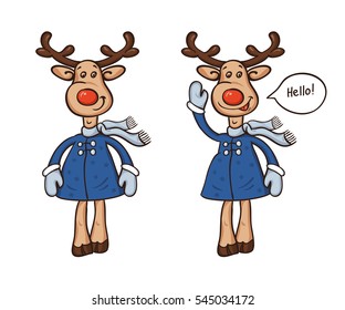 Two deer in a coat and a scarf Cartoon isolated On White Background Vector object 2020