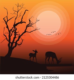 Dos ciervos beben agua en un oasis en el desierto. ilustración plana