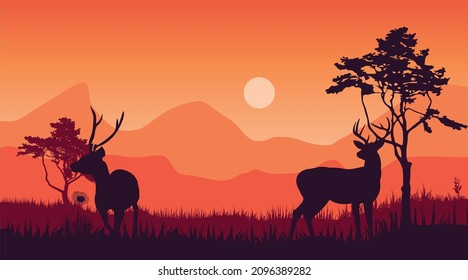 two deer in the forest beautiful sunset scenery vector illustration