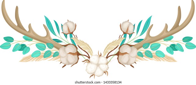 Two deer horns with cotton. Vector illustration on white background.