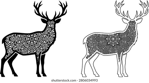 Two deer with intricate geometric patterns standing side by side illustration Editable icons