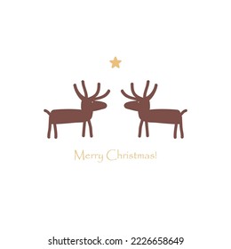 Two Deer or Moose and Star. Merry Christmas card, can de also used as Logo in Simple Doodle Style. Stylish Cartoon Elk Silhouettes isolated on white. Vector Illustration.