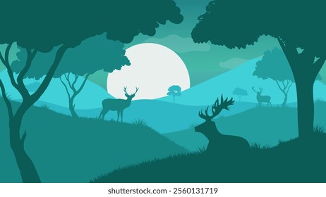 Two Deer in the Mountain Forest on a Beautiful Morning - Beautiful 2d Landscapes Vector