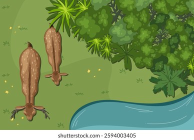 Two deer near lush greenery and a flowing stream