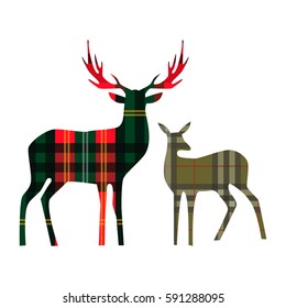 Two deer on tartan background. Vector illustration.