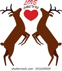 two deer reach out to each other, in the center is a red heart and an inscription about love