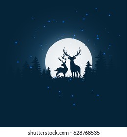 Two deer silhouette standing on a hill, Grass, pines, snow.Night full moon on the background.