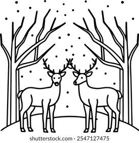 Two Deer in Snowy Winter Forest Line Art Illustration