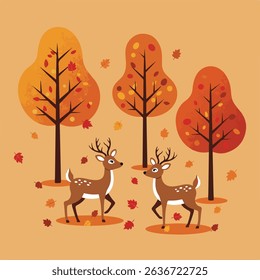 Two deer with spots walk among the colorful autumn leaves and trees in this cute illustration.