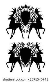 two deer stags with large antlers and empty heraldic shield decorated with rose flowers and royal crown - antique style coat of arms hand drawn black and white vector design set