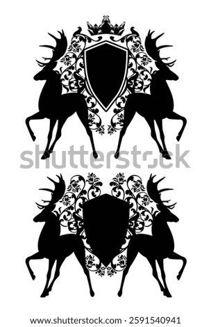 two deer stags with large antlers and empty heraldic shield decorated with rose flowers and royal crown - antique style coat of arms hand drawn black and white vector design set