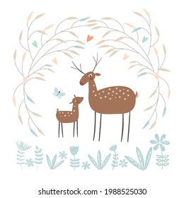 Two deer stand in the forest. Mom deer and her baby isolated on a white background. Hand drawn vector illustration.