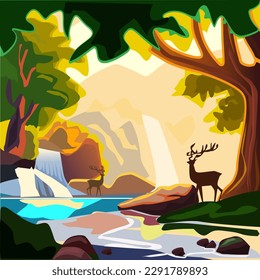 Two deer standing among the forest and waterfall.vector illustration.Cute design for t shirt print, icon, logo, label, patch or sticker.