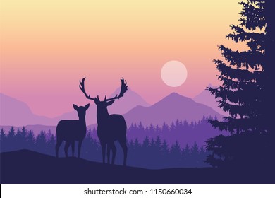 Two deer standing in coniferous forest under mountains and yellow purple sky - vector, with space for text