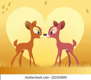 Two deer standing touching their noses