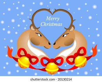 Two deer those decorated with bells look at each other and congratulate all with Christmas