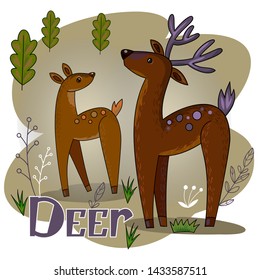 Two deer in the woods vector postcard with the inscription.