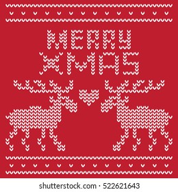 Two deer and the words Merry Christmas as if knitted on a warm sweater. Also knitted between deer heart. With Love at Christmas.