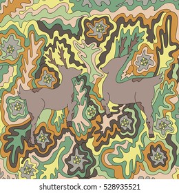 Two deers. Abstract pattern with natural motifs. Freehand sketch. Bright illustration.