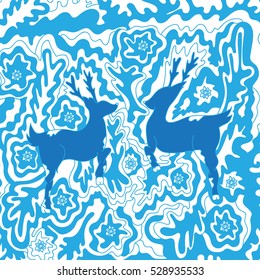 Two deers. Abstract pattern with natural motifs. Freehand sketch. Bright illustration.