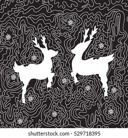 Two deers. Abstract pattern with natural motifs. Freehand sketch. Black and white illustration.