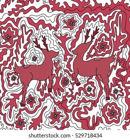 Two deers. Abstract pattern with natural motifs. Freehand sketch. Bright illustration.
