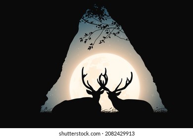 Two deers in cave. Animal family silhouette. Full moon in night sky