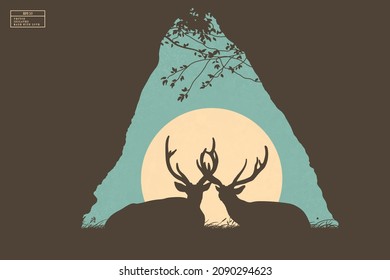 Two deers in cave. Animal family isolated silhouette. Wildlife reserve