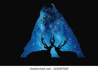 Two deers in cave. Animal family silhouette. Milky Way at starry sky