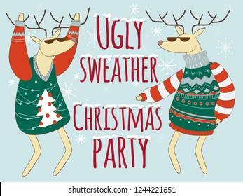 two deers dressed up in funny Christmas sweater, illustration