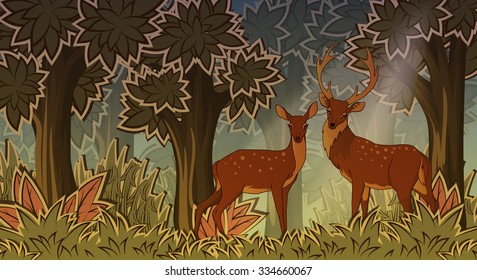 Two deers in forest cartoon style vector illustration