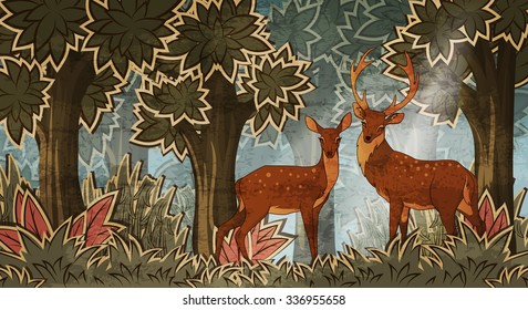 Two deers in forest cartoon style vector illustration
