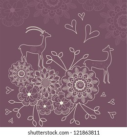 Two deers in love - romantic vector floral background