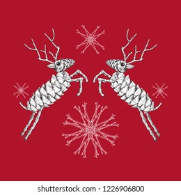 
Two deers made from fir cones and pine twigs in a jump.
Hand drawn vector illustration on a red background.
Sketch.