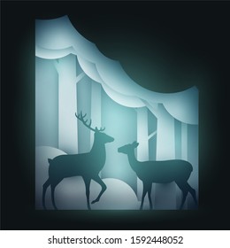 Two deers on forest in paper cut trendy craft cartoon style. Minimalistic creative modern design for advertising, branding background greeting card, cover, poster, banner. Vector illustration.