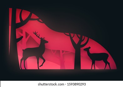 Two deers on forest in paper cut trendy craft cartoon style. Minimalistic creative modern design for advertising, branding background greeting card, cover, poster, banner. Vector illustration.