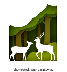 Two deers on green forest in paper cut trendy craft cartoon style. Minimalistic creative modern design for advertising, branding background greeting card, cover, poster, banner. Vector illustration.