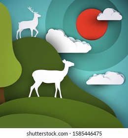 Two deers on green hills in paper cut trendy craft cartoon style. Minimalistic creative modern design for advertising, branding background greeting card, cover, poster, banner. Vector illustration.